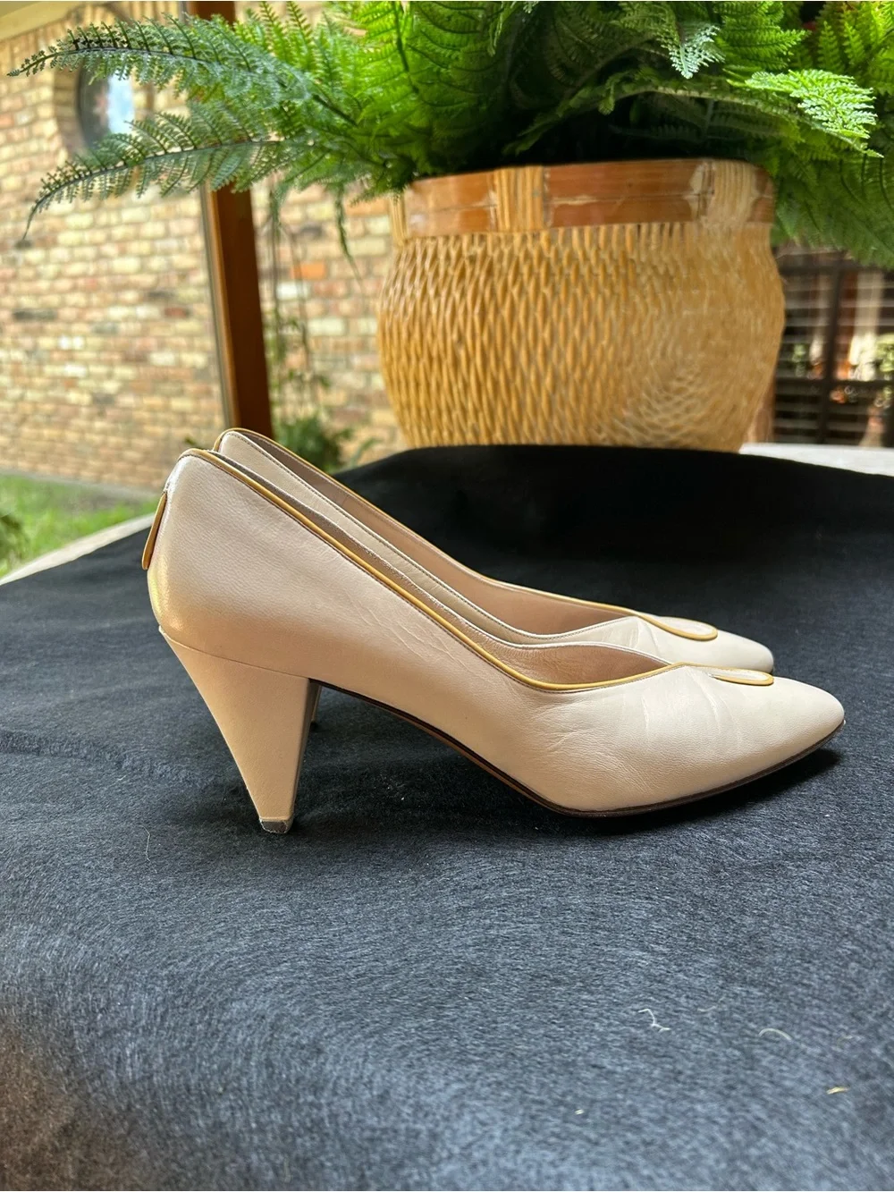 Bruno Magli Cream Leather Pointed-Toe Pumps with Yellow Trim